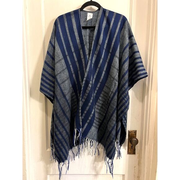 WOOLRICH Blue Gray Stripe Coverall Shawl Throw Wrap Shrug Top  Women's One Size - Picture 2 of 8